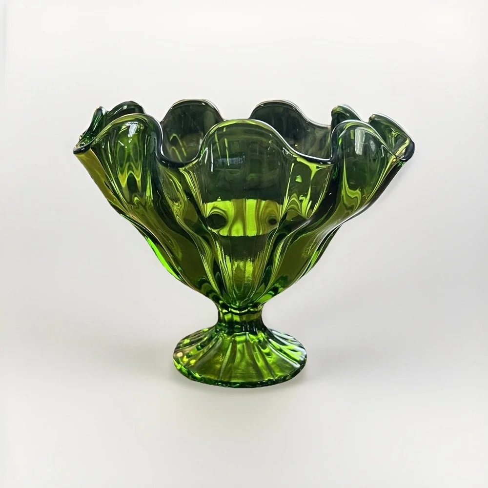 Vintage Emerald Avacodo Green Art Glass Swung Ruffled‎ Pedestal Compote Bowl MCM